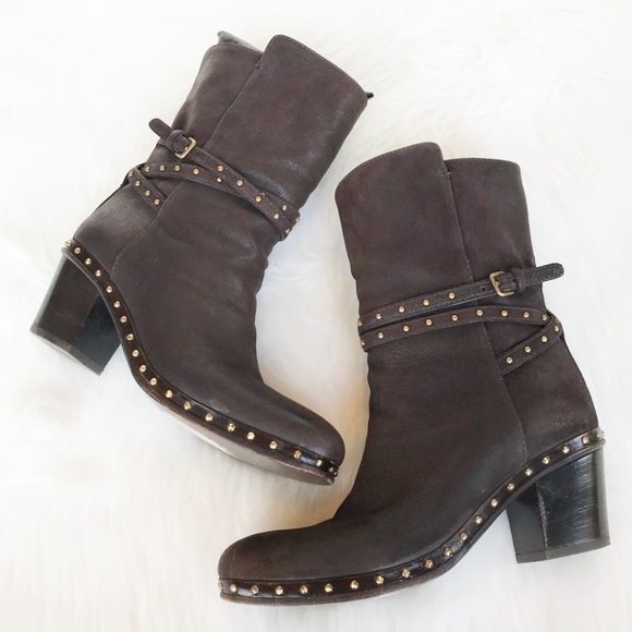 Miu Miu Shoes - Miu Miu Brown Leather Gold Stud Buckle Booties